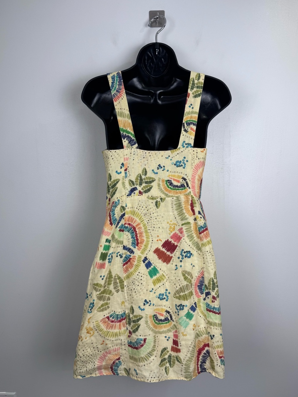 Farm Rio Women Yellow Colorful Birds Linen Mini Dress Size Small - Picture 2 of 6